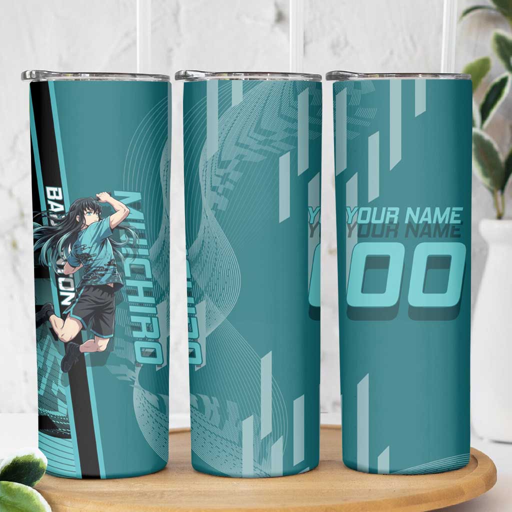 Personalized Tokito Muichiro Demon Slayer Badminton Skinny Tumbler with Racket Action Pose and Teal Black Graphic Design - The Mazicc