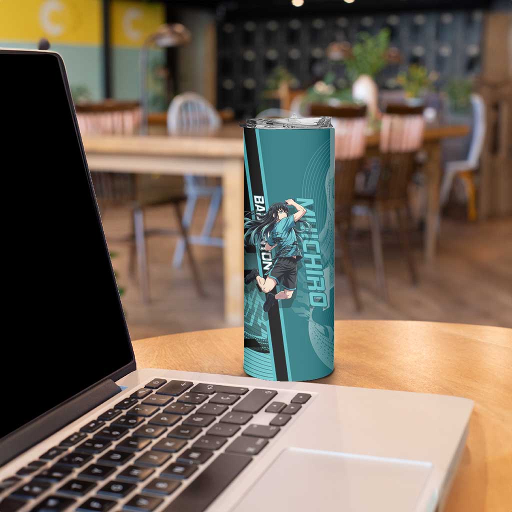 Personalized Tokito Muichiro Demon Slayer Badminton Skinny Tumbler with Racket Action Pose and Teal Black Graphic Design - The Mazicc
