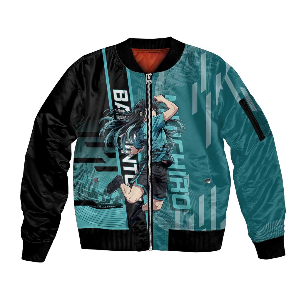 Personalized Tokito Muichiro Demon Slayer Badminton Sleeve Zip Bomber Jacket with Racket Action Pose and Teal Black Graphic Design - The Mazicc