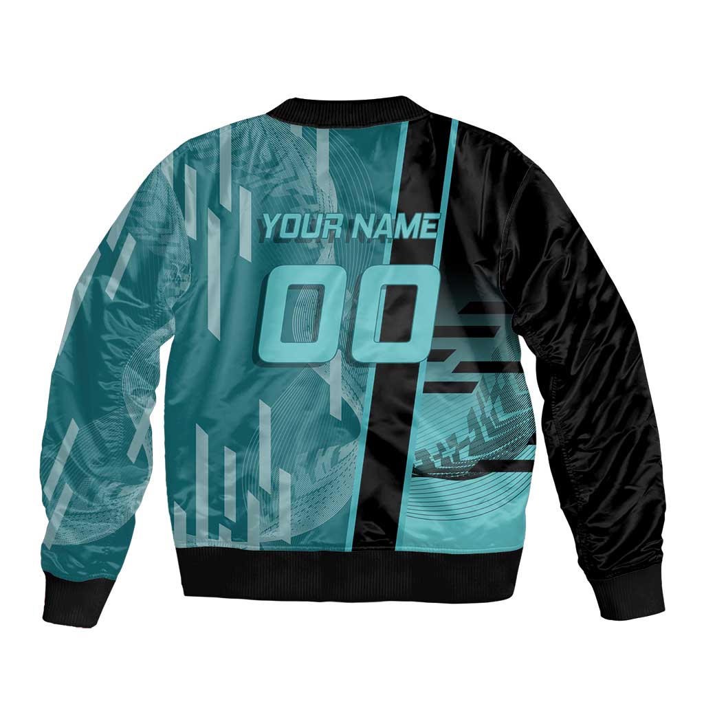 Personalized Tokito Muichiro Demon Slayer Badminton Sleeve Zip Bomber Jacket with Racket Action Pose and Teal Black Graphic Design - The Mazicc