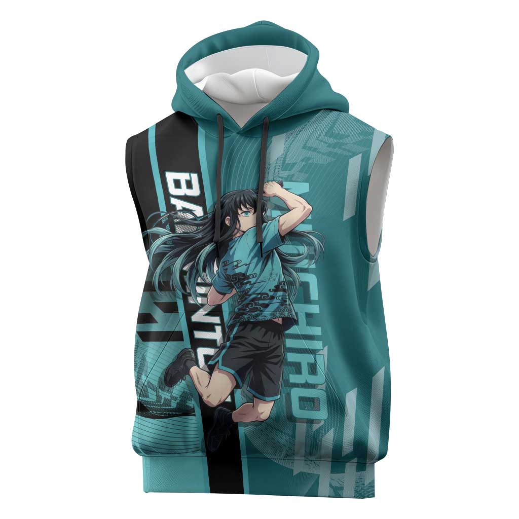 Personalized Tokito Muichiro Demon Slayer Badminton Sleeveless Hoodie with Racket Action Pose and Teal Black Graphic Design - The Mazicc