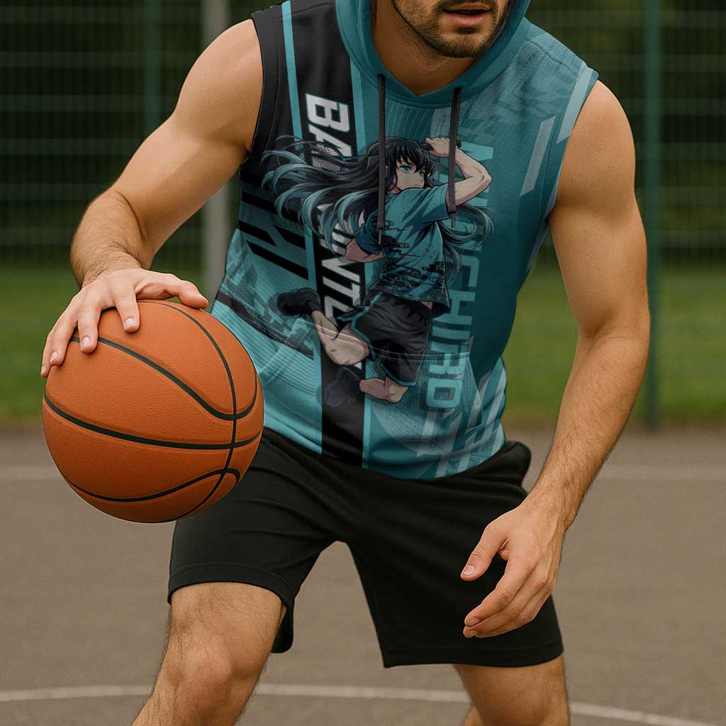 Personalized Tokito Muichiro Demon Slayer Badminton Sleeveless Hoodie with Racket Action Pose and Teal Black Graphic Design - The Mazicc