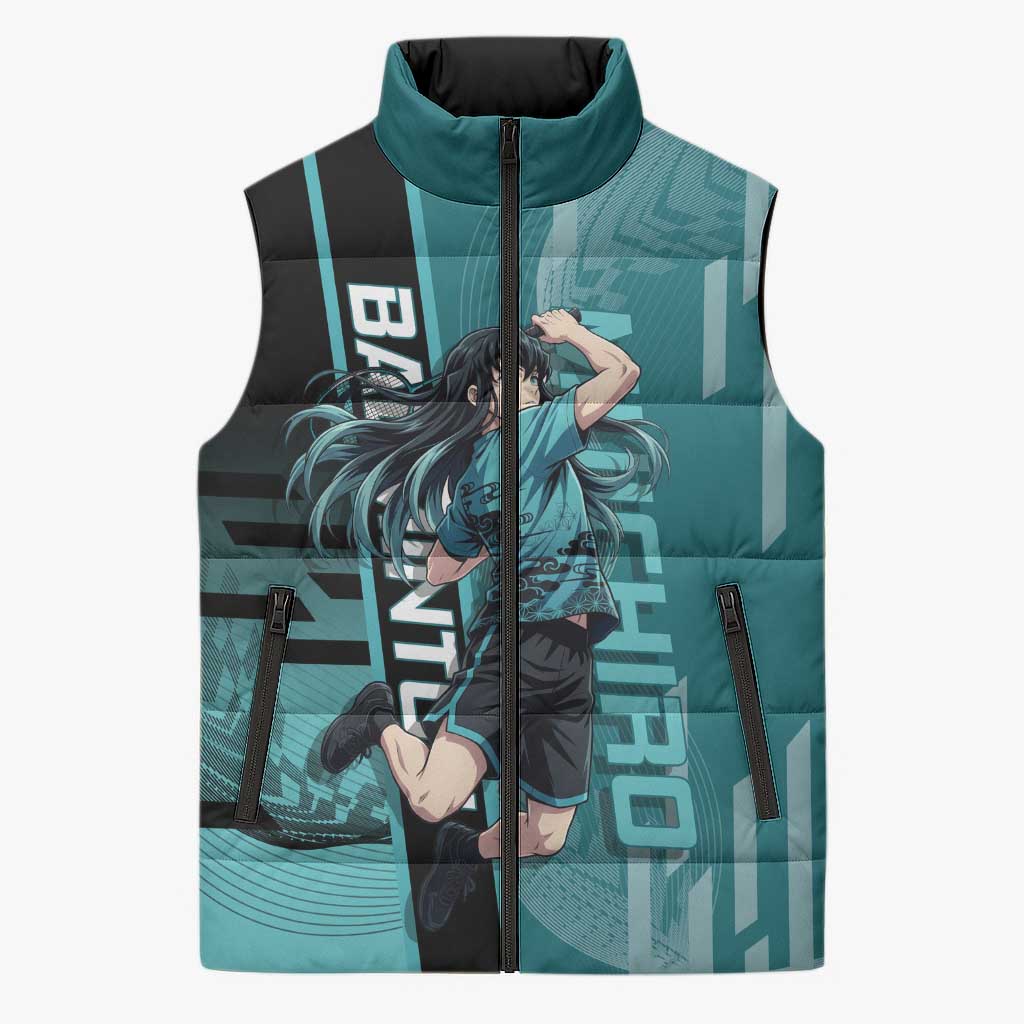 Personalized Tokito Muichiro Demon Slayer Badminton Sleeveless Puffer Jacket with Racket Action Pose and Teal Black Graphic Design - The Mazicc