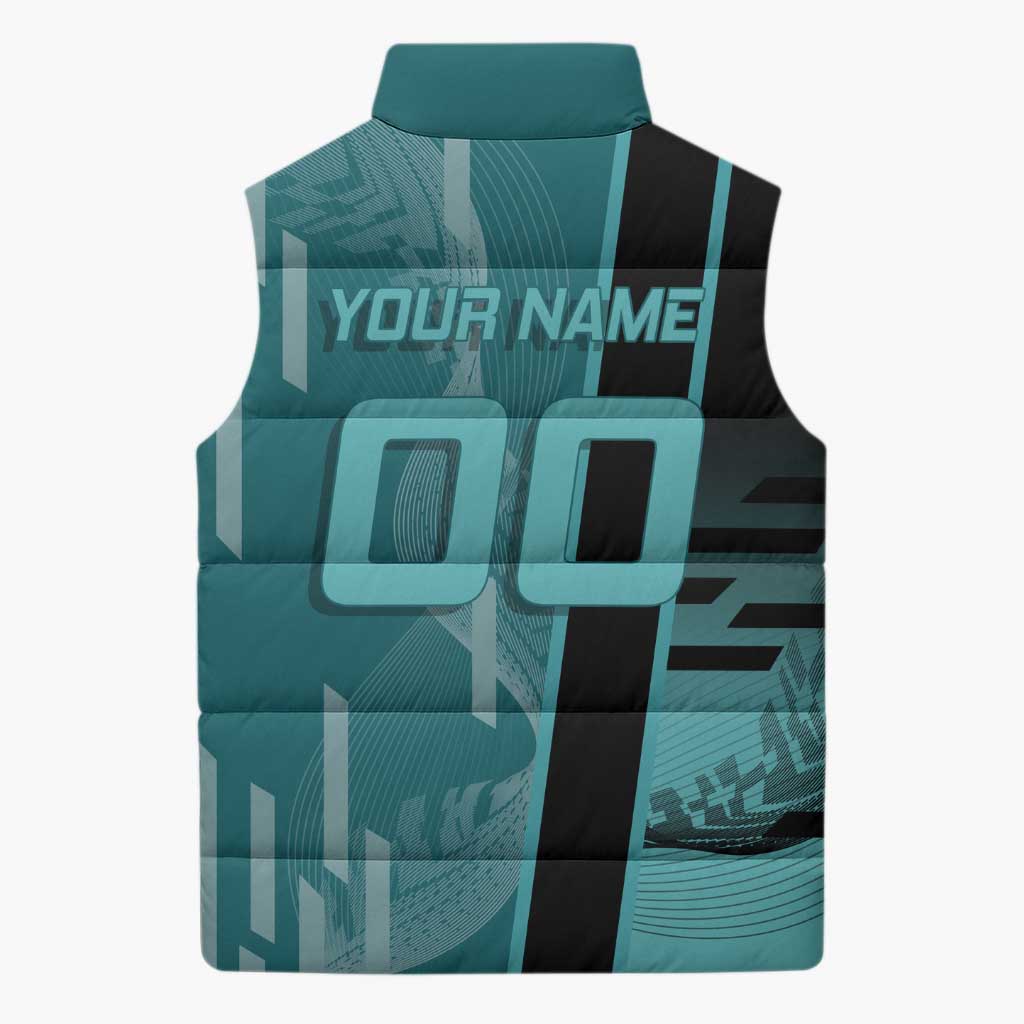 Personalized Tokito Muichiro Demon Slayer Badminton Sleeveless Puffer Jacket with Racket Action Pose and Teal Black Graphic Design - The Mazicc