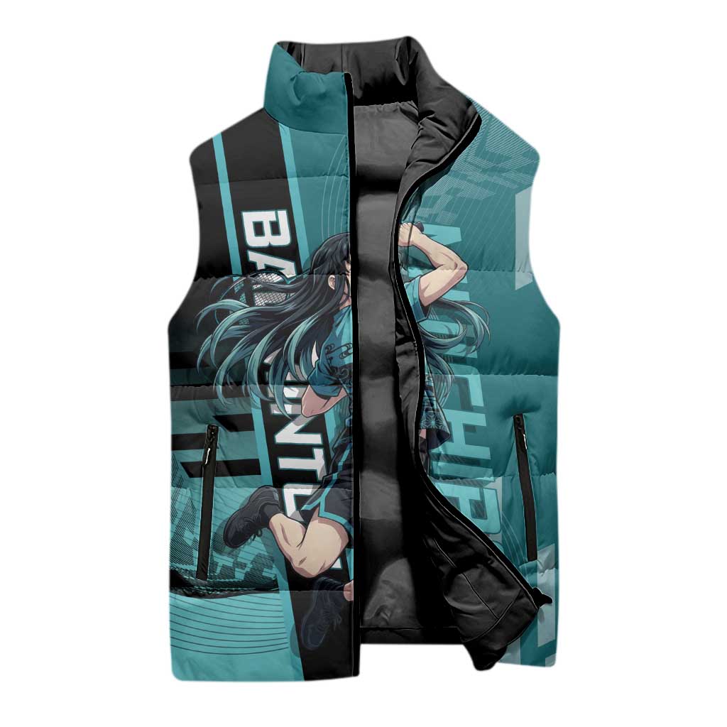 Personalized Tokito Muichiro Demon Slayer Badminton Sleeveless Puffer Jacket with Racket Action Pose and Teal Black Graphic Design - The Mazicc