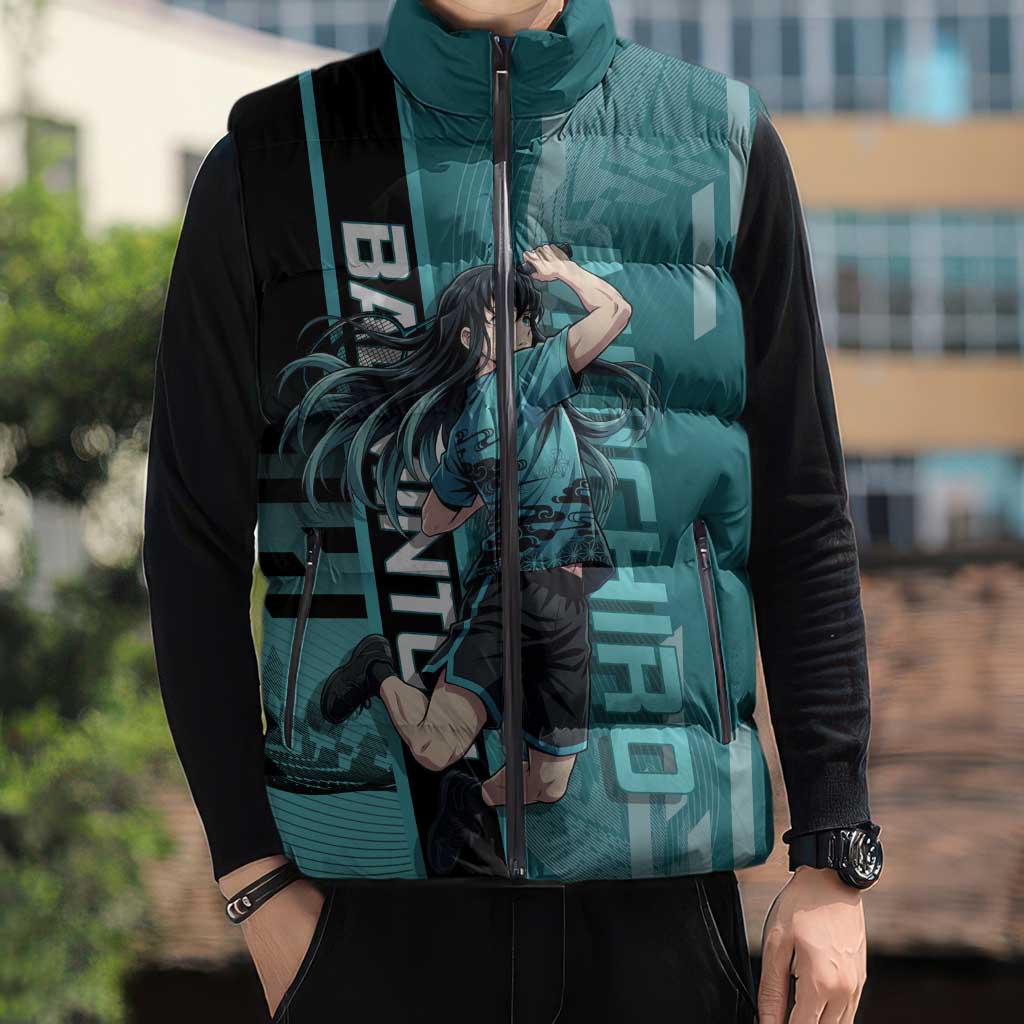 Personalized Tokito Muichiro Demon Slayer Badminton Sleeveless Puffer Jacket with Racket Action Pose and Teal Black Graphic Design - The Mazicc