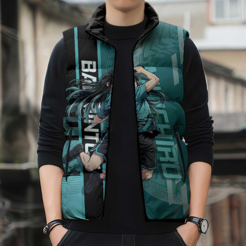 Personalized Tokito Muichiro Demon Slayer Badminton Sleeveless Puffer Jacket with Racket Action Pose and Teal Black Graphic Design - The Mazicc