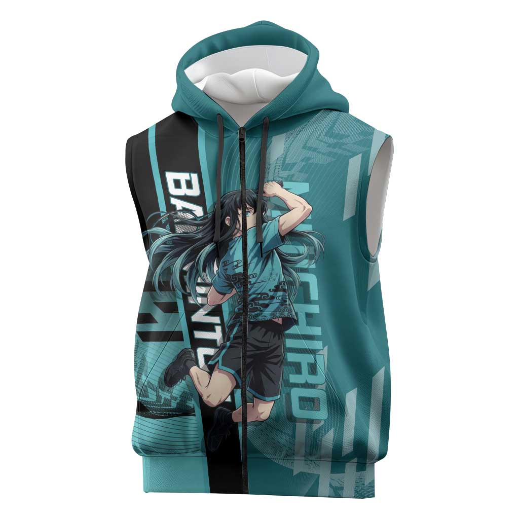 Personalized Tokito Muichiro Demon Slayer Badminton Sleeveless Zip Hoodie with Racket Action Pose and Teal Black Graphic Design - The Mazicc