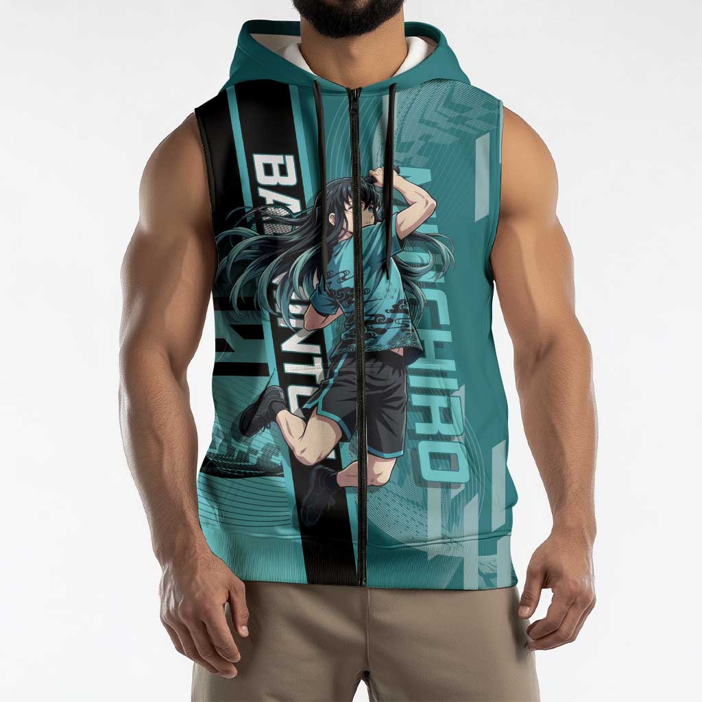 Personalized Tokito Muichiro Demon Slayer Badminton Sleeveless Zip Hoodie with Racket Action Pose and Teal Black Graphic Design - The Mazicc