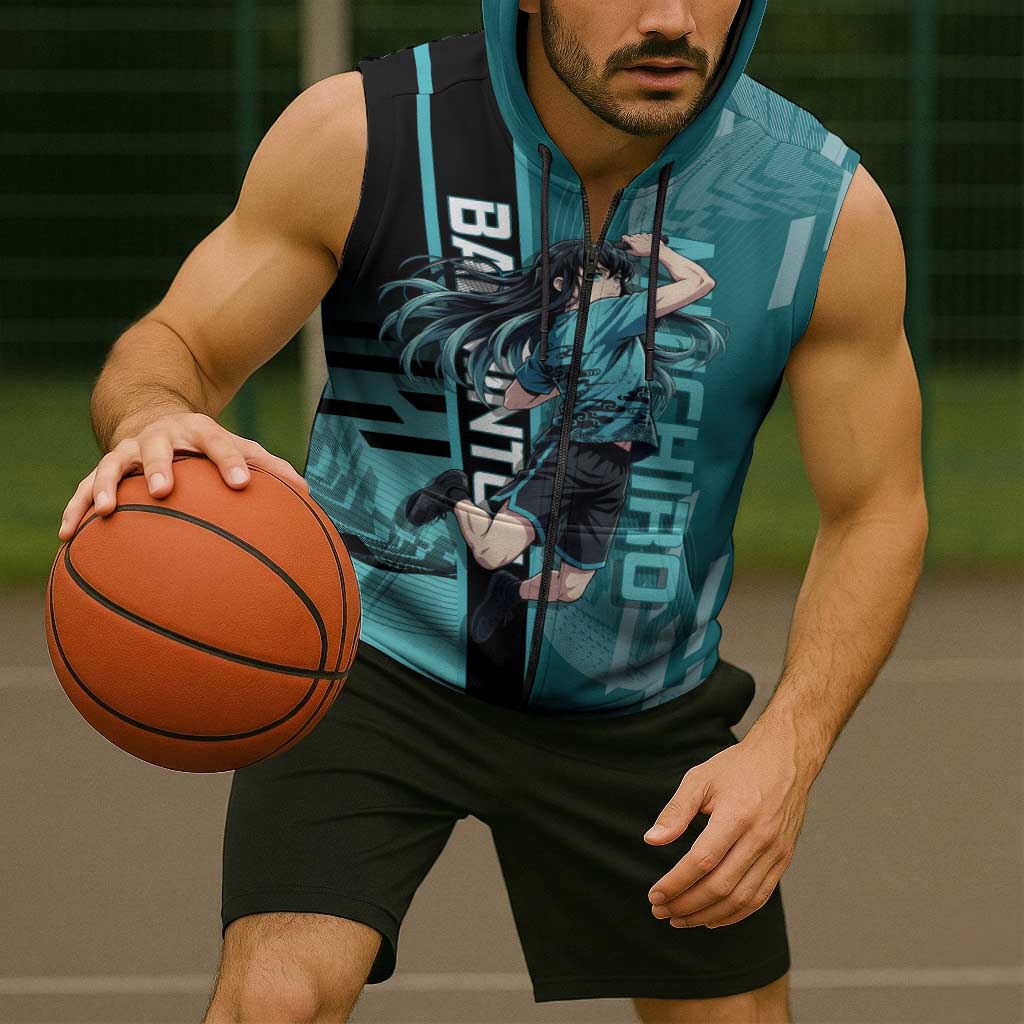 Personalized Tokito Muichiro Demon Slayer Badminton Sleeveless Zip Hoodie with Racket Action Pose and Teal Black Graphic Design - The Mazicc