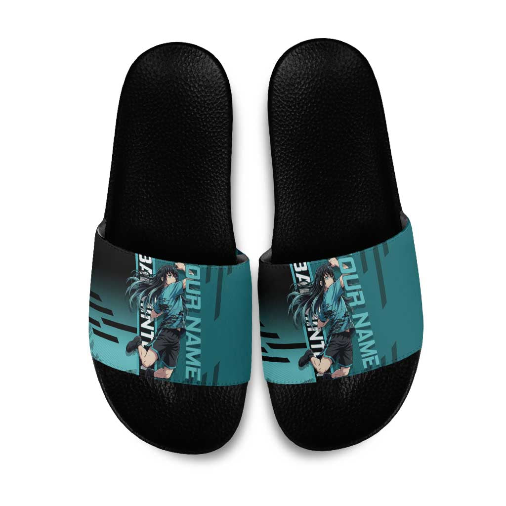 Personalized Tokito Muichiro Demon Slayer Badminton Slide Sandals with Racket Action Pose and Teal Black Graphic Design - The Mazicc