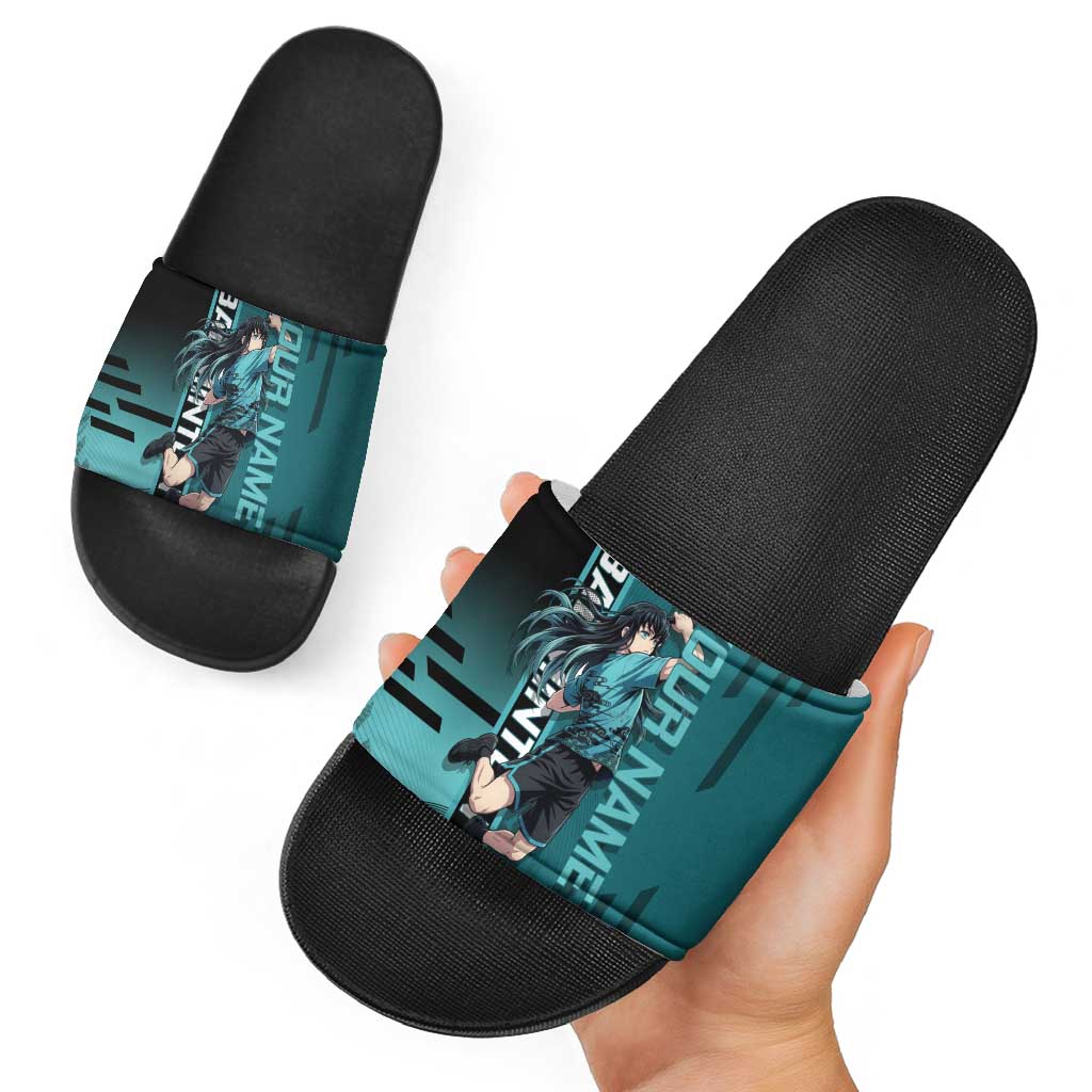 Personalized Tokito Muichiro Demon Slayer Badminton Slide Sandals with Racket Action Pose and Teal Black Graphic Design - The Mazicc