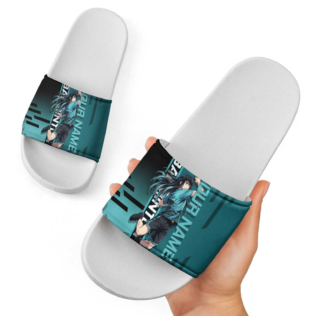 Personalized Tokito Muichiro Demon Slayer Badminton Slide Sandals with Racket Action Pose and Teal Black Graphic Design - The Mazicc