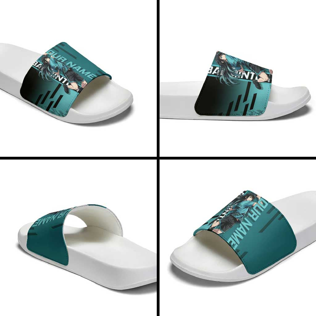 Personalized Tokito Muichiro Demon Slayer Badminton Slide Sandals with Racket Action Pose and Teal Black Graphic Design - The Mazicc