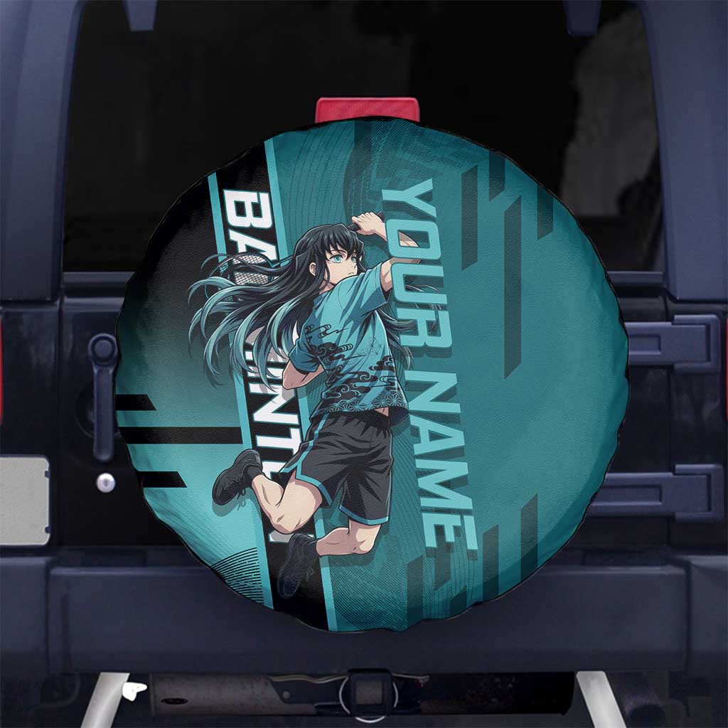 Personalized Tokito Muichiro Demon Slayer Badminton Spare Tire Cover with Racket Action Pose and Teal Black Graphic Design - The Mazicc