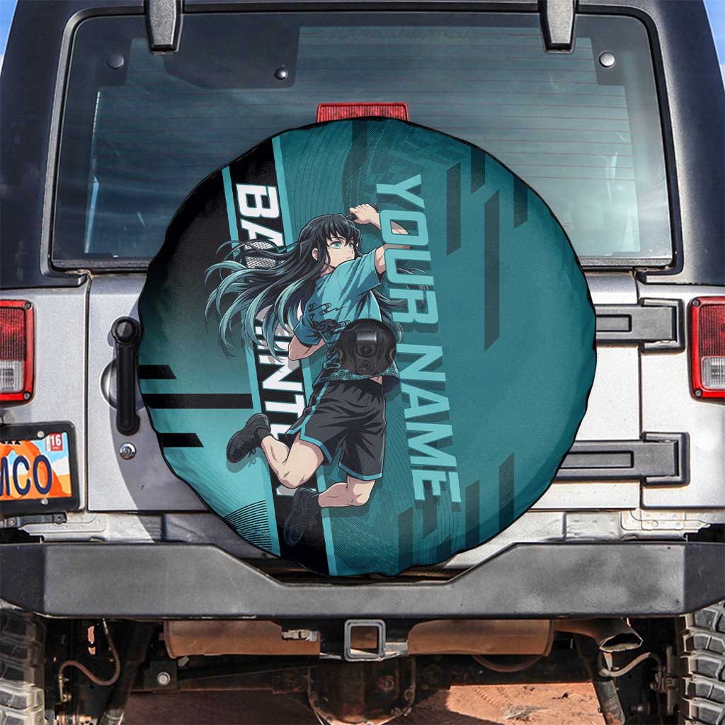 Personalized Tokito Muichiro Demon Slayer Badminton Spare Tire Cover with Racket Action Pose and Teal Black Graphic Design - The Mazicc