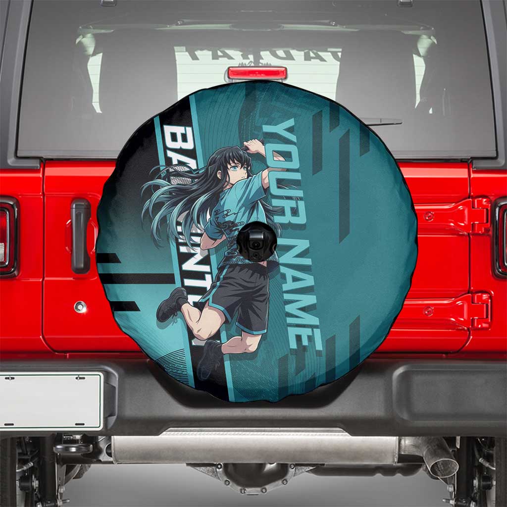 Personalized Tokito Muichiro Demon Slayer Badminton Spare Tire Cover with Racket Action Pose and Teal Black Graphic Design - The Mazicc