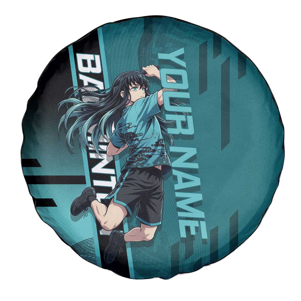 Personalized Tokito Muichiro Demon Slayer Badminton Spare Tire Cover with Racket Action Pose and Teal Black Graphic Design - The Mazicc