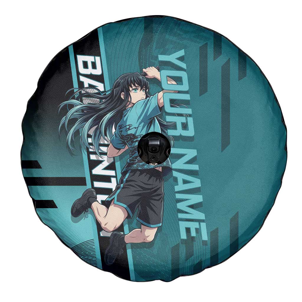 Personalized Tokito Muichiro Demon Slayer Badminton Spare Tire Cover with Racket Action Pose and Teal Black Graphic Design - The Mazicc