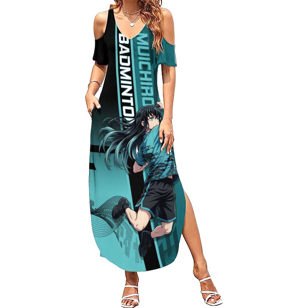 Personalized Tokito Muichiro Demon Slayer Badminton Summer Maxi Dress with Racket Action Pose and Teal Black Graphic Design - The Mazicc