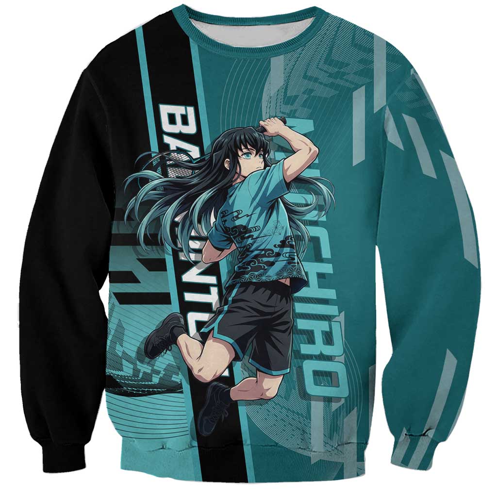 Personalized Tokito Muichiro Demon Slayer Badminton Sweatshirt with Racket Action Pose and Teal Black Graphic Design - The Mazicc