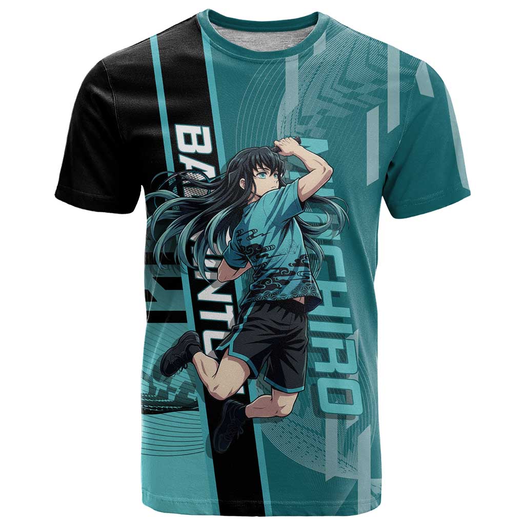 Personalized Tokito Muichiro Demon Slayer Badminton T Shirt with Racket Action Pose and Teal Black Graphic Design - The Mazicc