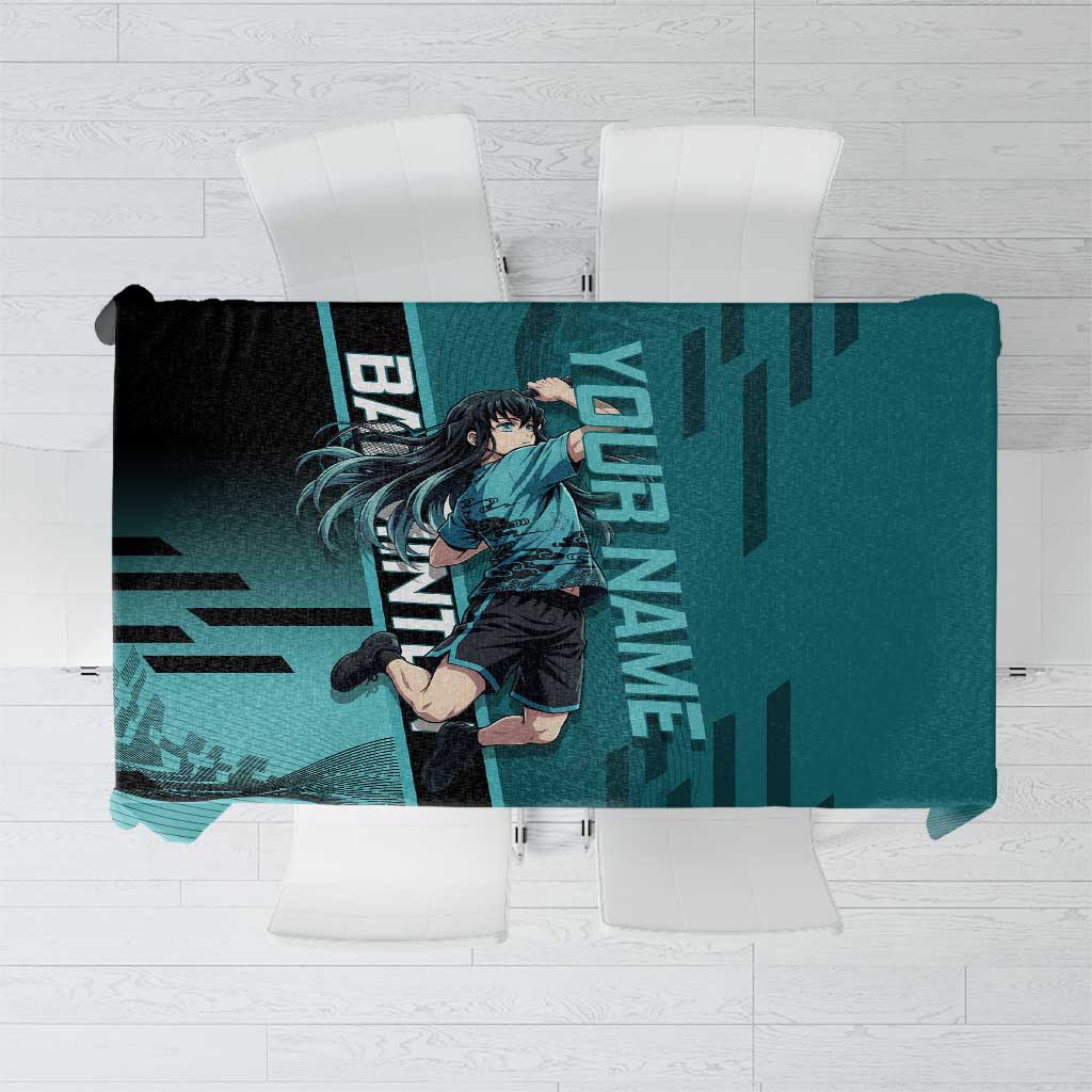 Personalized Tokito Muichiro Demon Slayer Badminton Tablecloth with Racket Action Pose and Teal Black Graphic Design - The Mazicc