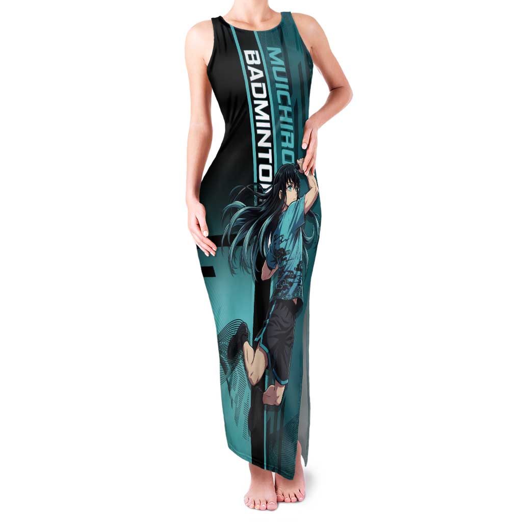 Personalized Tokito Muichiro Demon Slayer Badminton Tank Maxi Dress with Racket Action Pose and Teal Black Graphic Design - The Mazicc