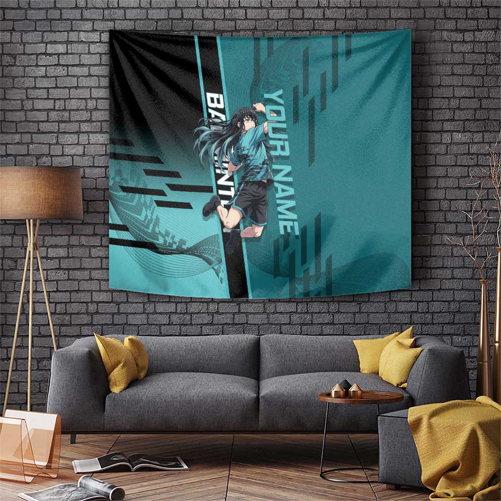 Personalized Tokito Muichiro Demon Slayer Badminton Tapestry with Racket Action Pose and Teal Black Graphic Design - The Mazicc