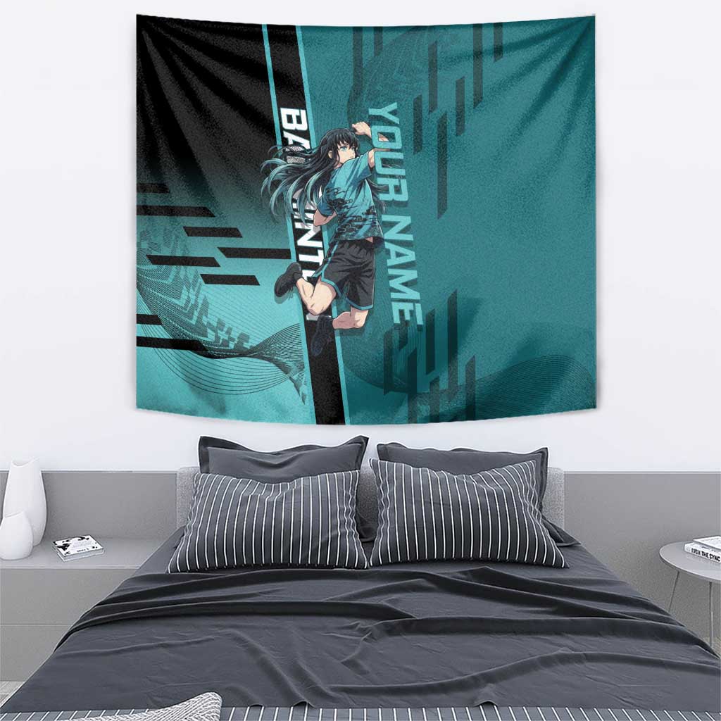 Personalized Tokito Muichiro Demon Slayer Badminton Tapestry with Racket Action Pose and Teal Black Graphic Design - The Mazicc