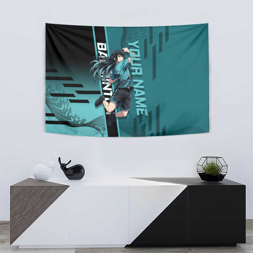 Personalized Tokito Muichiro Demon Slayer Badminton Tapestry with Racket Action Pose and Teal Black Graphic Design - The Mazicc