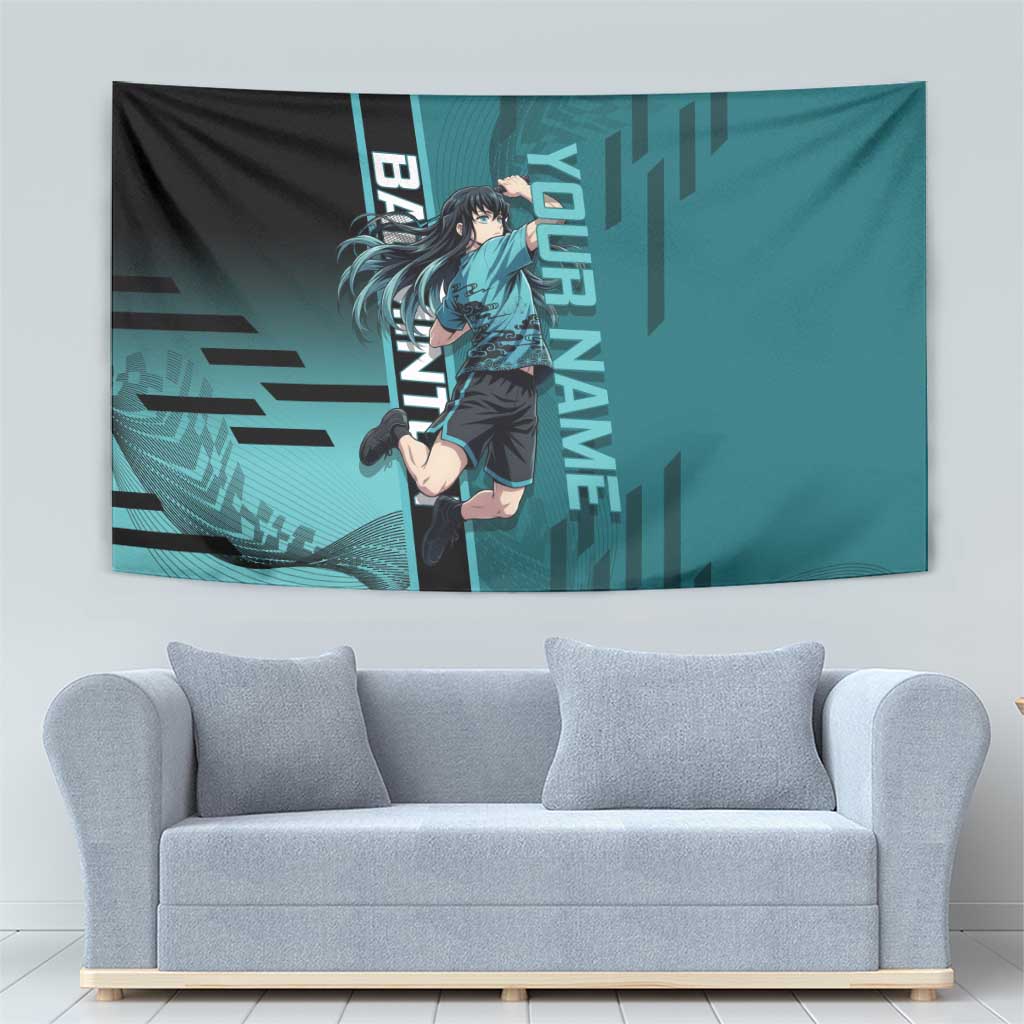 Personalized Tokito Muichiro Demon Slayer Badminton Tapestry with Racket Action Pose and Teal Black Graphic Design - The Mazicc
