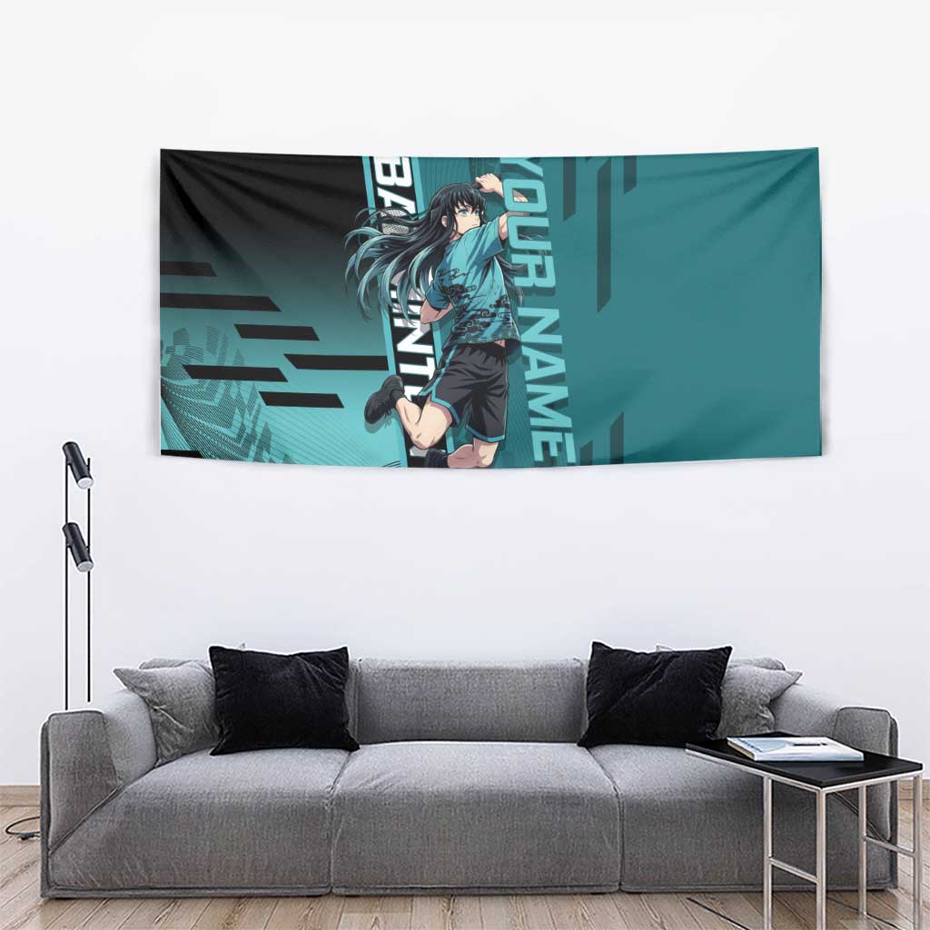 Personalized Tokito Muichiro Demon Slayer Badminton Tapestry with Racket Action Pose and Teal Black Graphic Design - The Mazicc