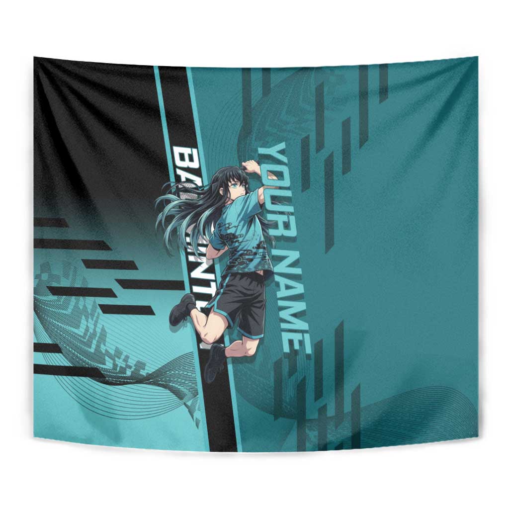 Personalized Tokito Muichiro Demon Slayer Badminton Tapestry with Racket Action Pose and Teal Black Graphic Design - The Mazicc