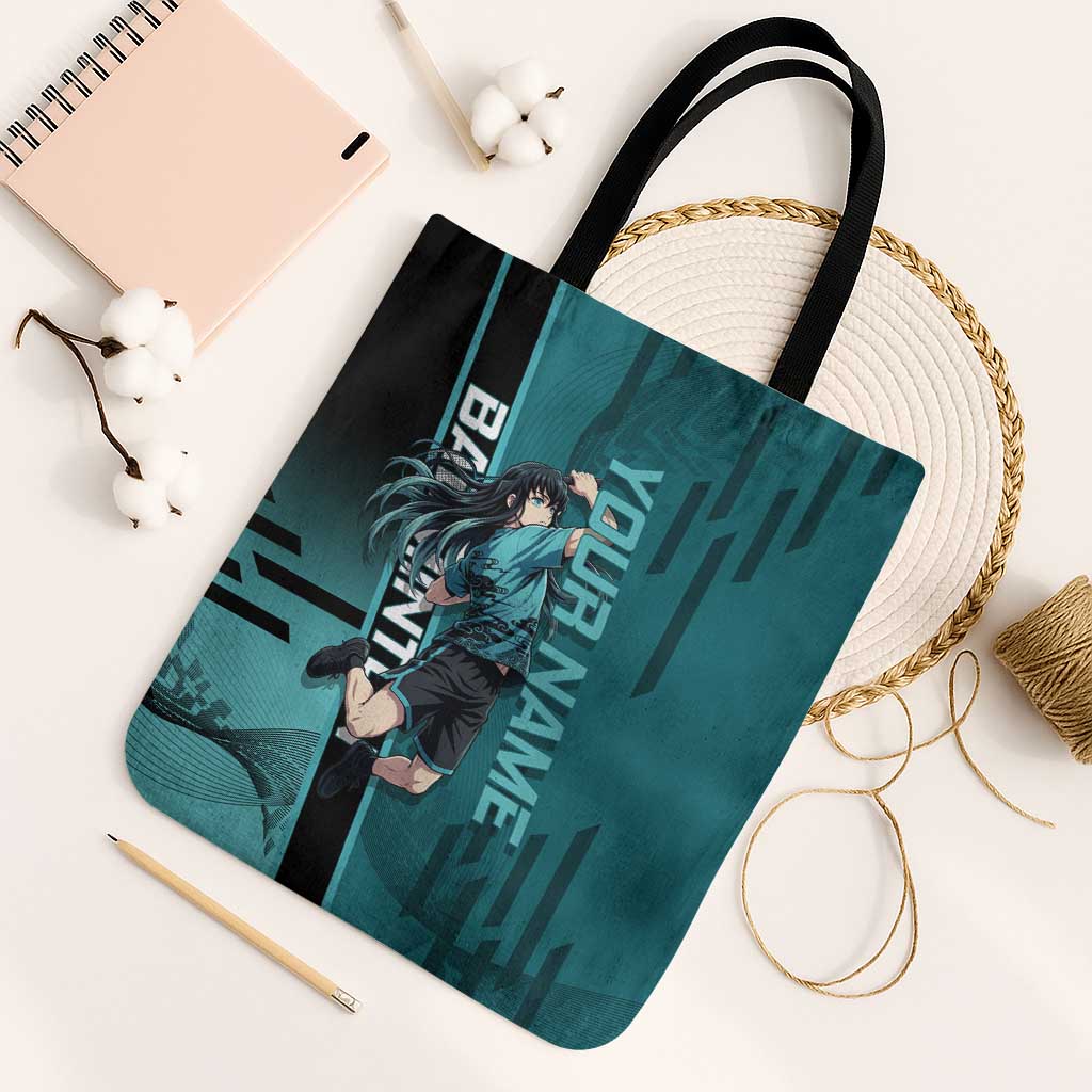 Personalized Tokito Muichiro Demon Slayer Badminton Tote Bag with Racket Action Pose and Teal Black Graphic Design - The Mazicc