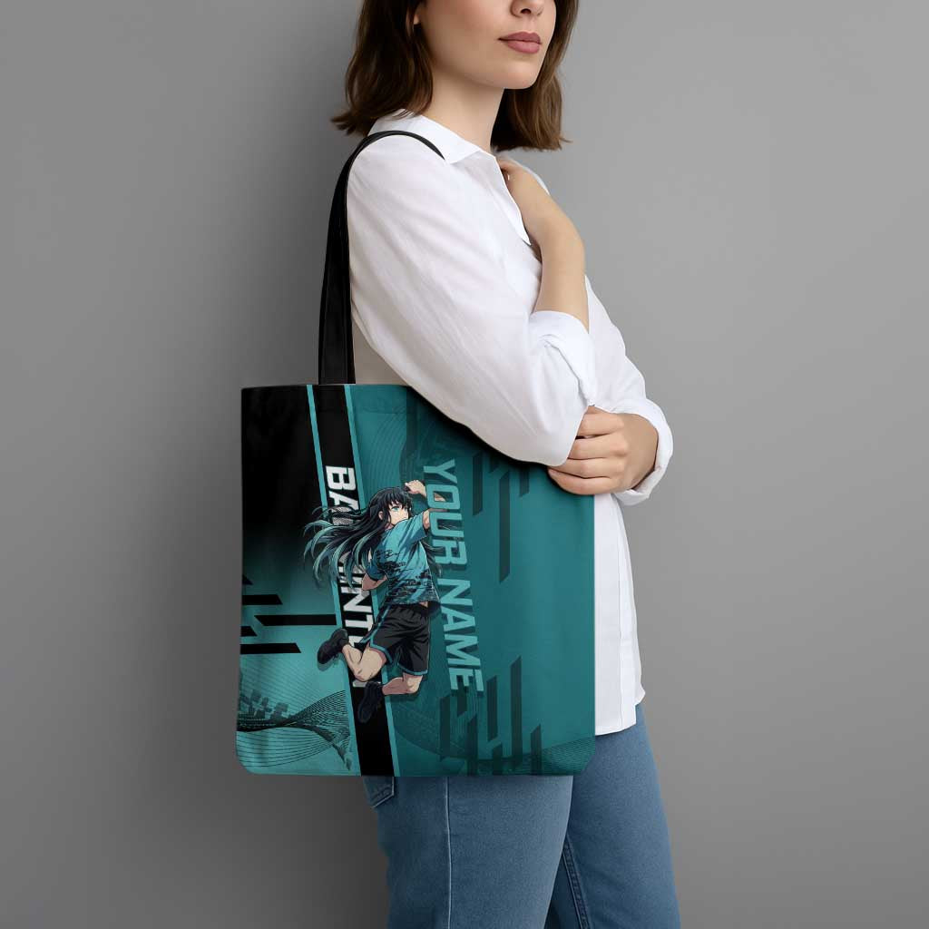Personalized Tokito Muichiro Demon Slayer Badminton Tote Bag with Racket Action Pose and Teal Black Graphic Design - The Mazicc