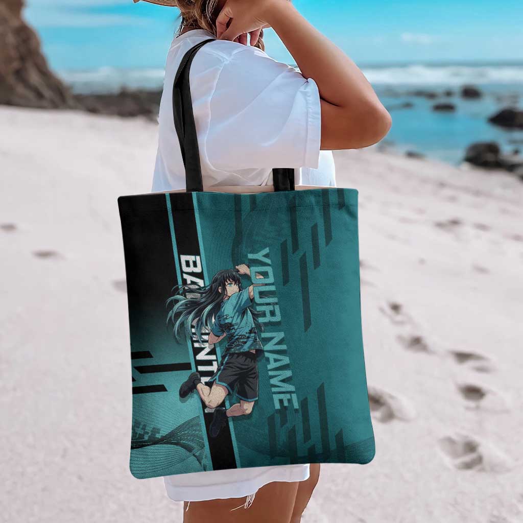 Personalized Tokito Muichiro Demon Slayer Badminton Tote Bag with Racket Action Pose and Teal Black Graphic Design - The Mazicc