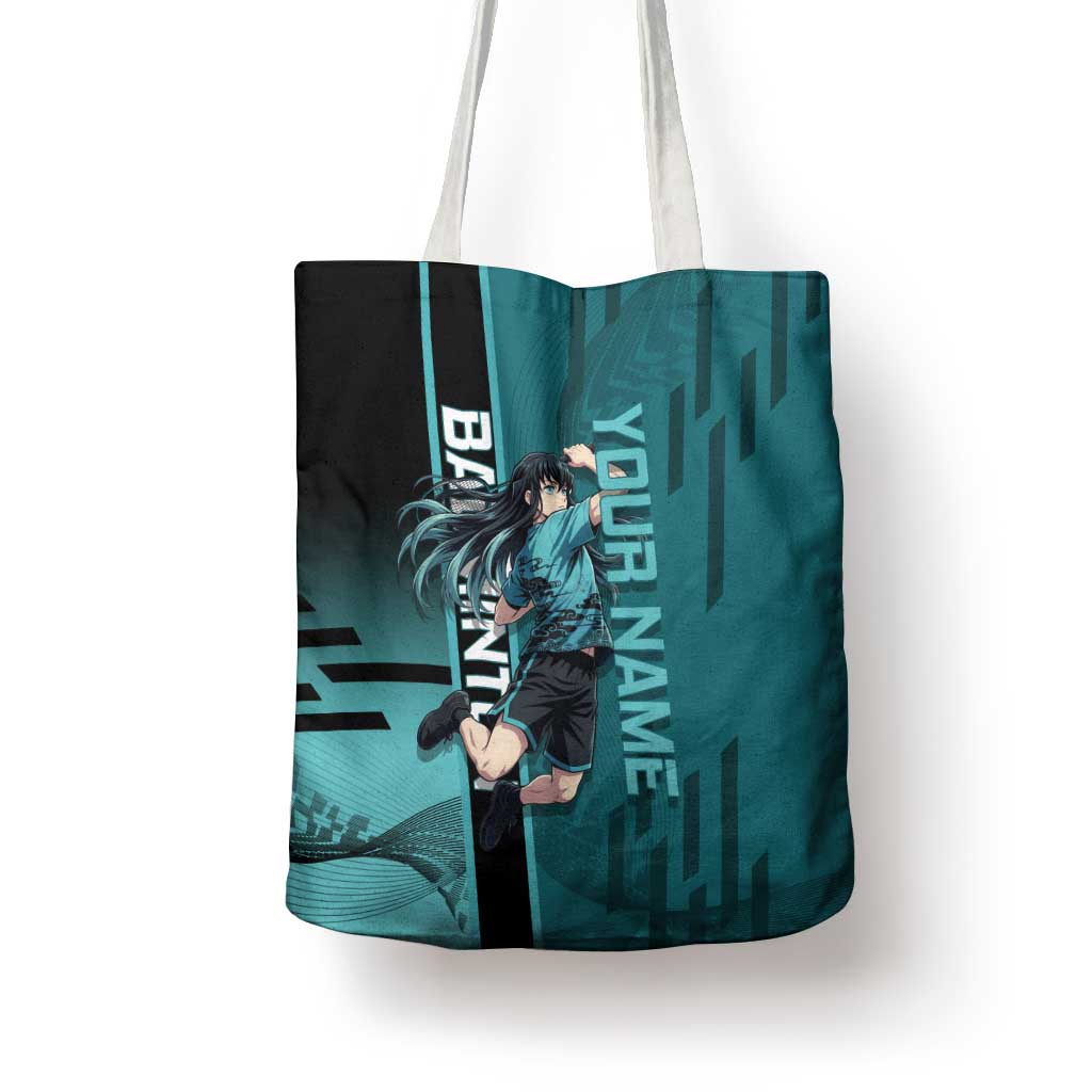 Personalized Tokito Muichiro Demon Slayer Badminton Tote Bag with Racket Action Pose and Teal Black Graphic Design - The Mazicc