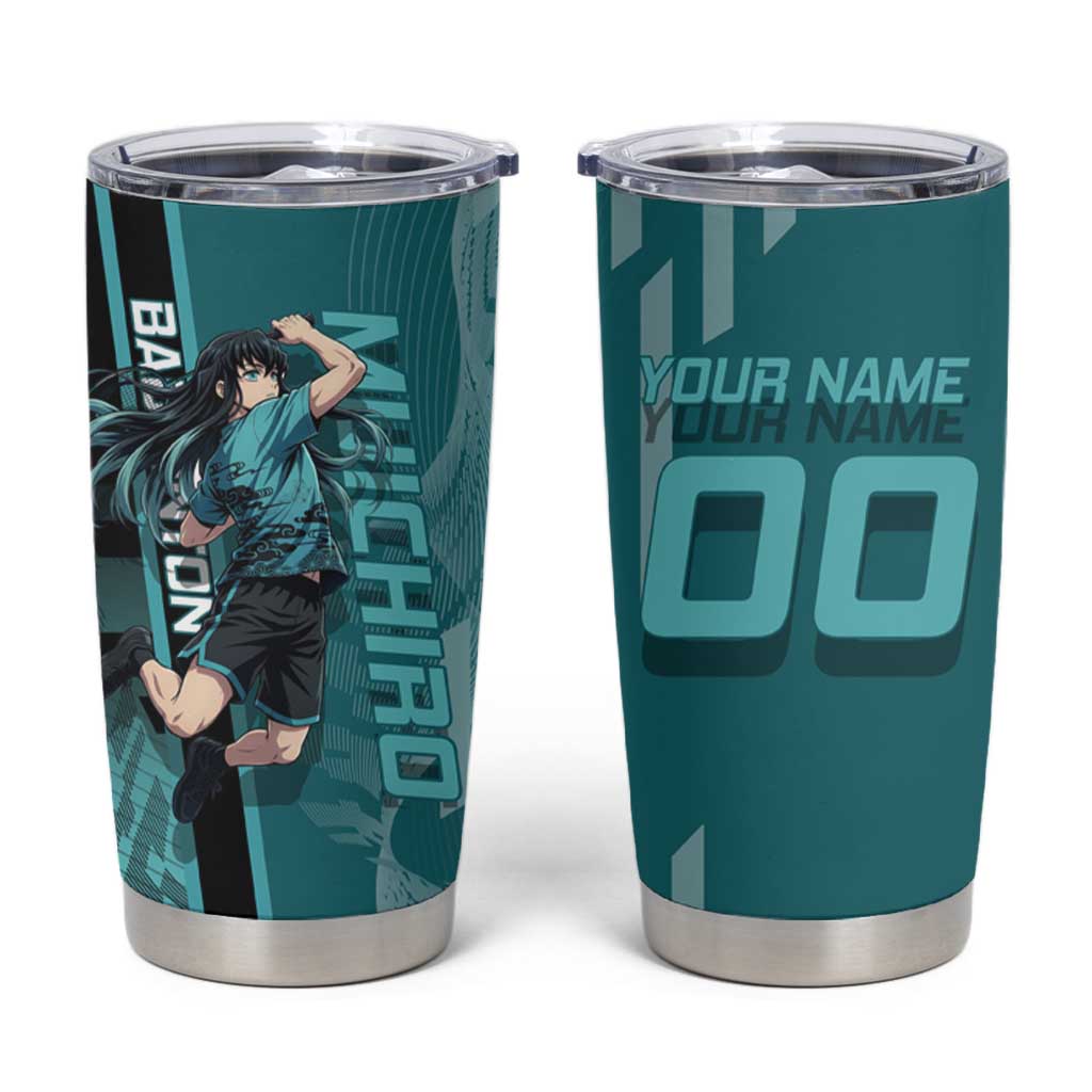 Personalized Tokito Muichiro Demon Slayer Badminton Tumbler Cup with Racket Action Pose and Teal Black Graphic Design - The Mazicc
