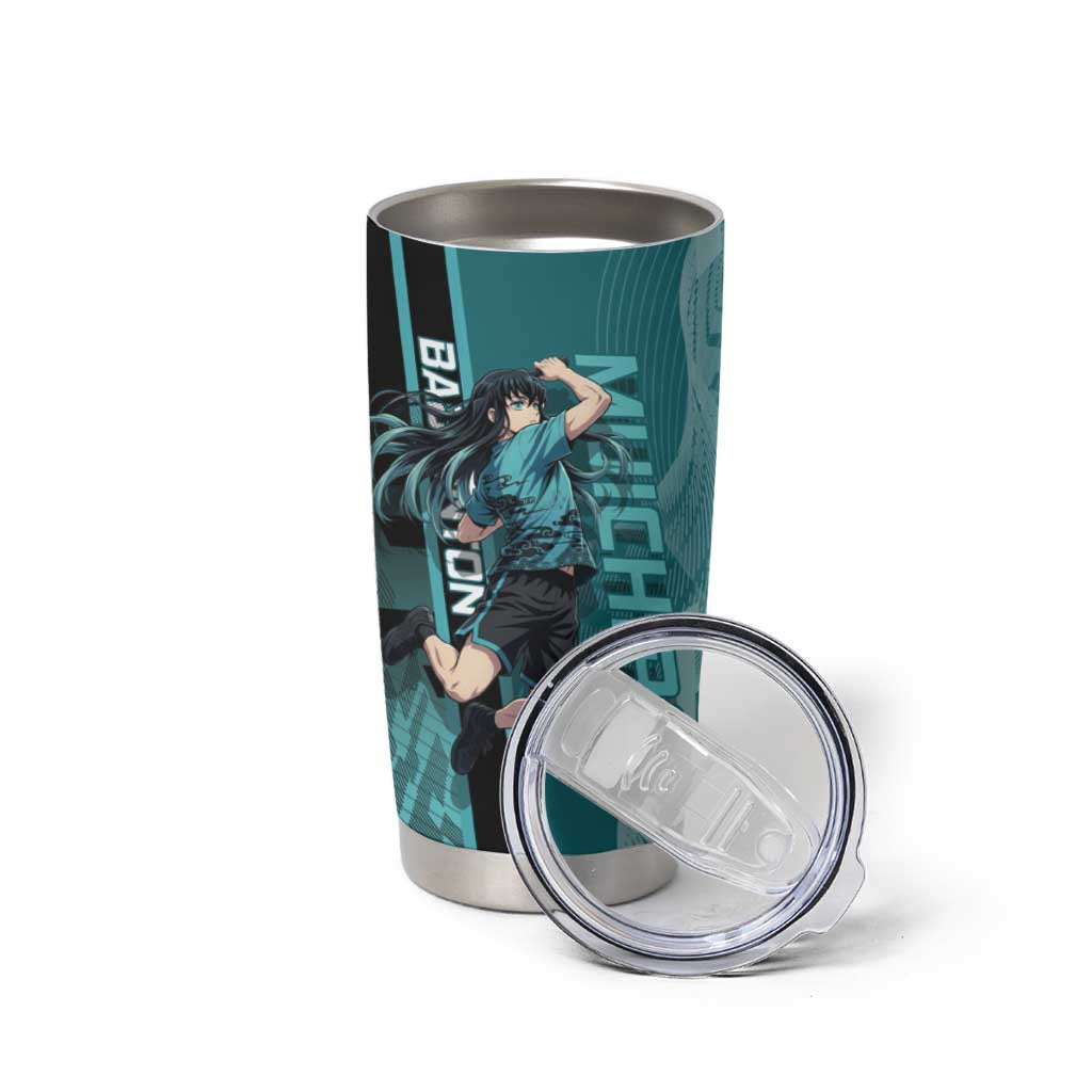 Personalized Tokito Muichiro Demon Slayer Badminton Tumbler Cup with Racket Action Pose and Teal Black Graphic Design - The Mazicc