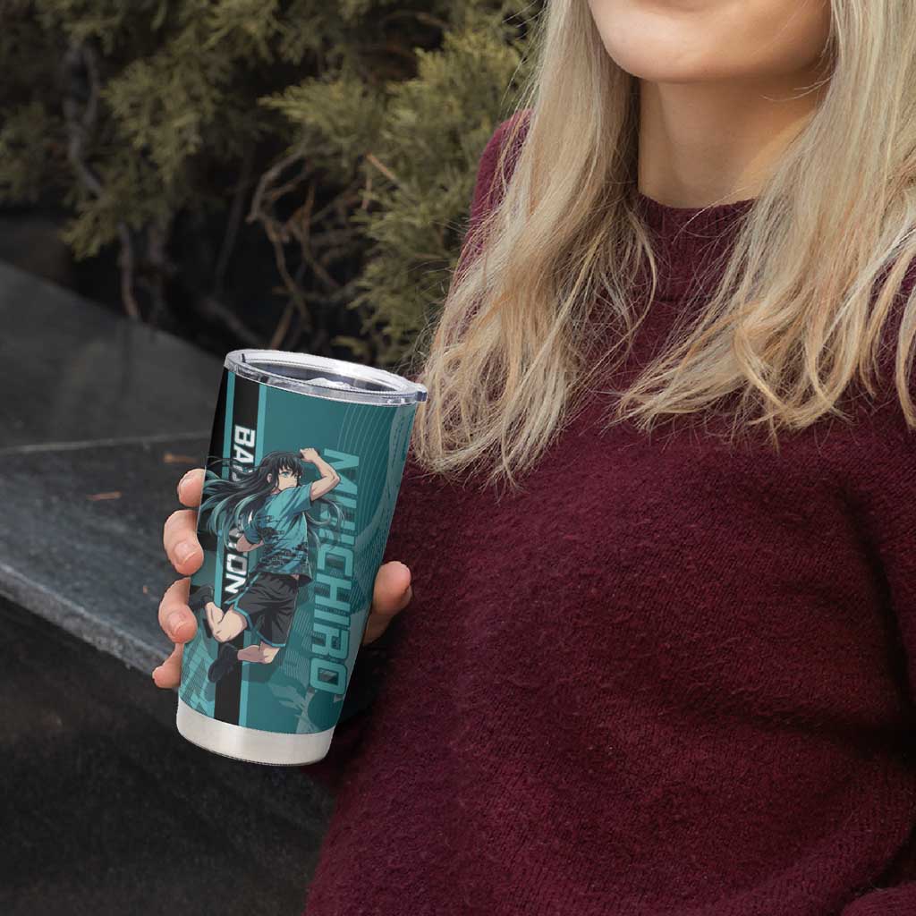 Personalized Tokito Muichiro Demon Slayer Badminton Tumbler Cup with Racket Action Pose and Teal Black Graphic Design - The Mazicc