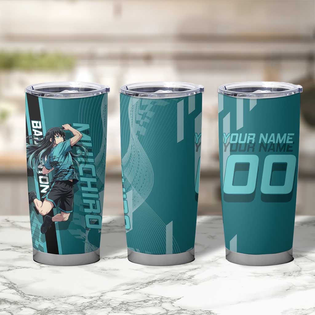Personalized Tokito Muichiro Demon Slayer Badminton Tumbler Cup with Racket Action Pose and Teal Black Graphic Design - The Mazicc
