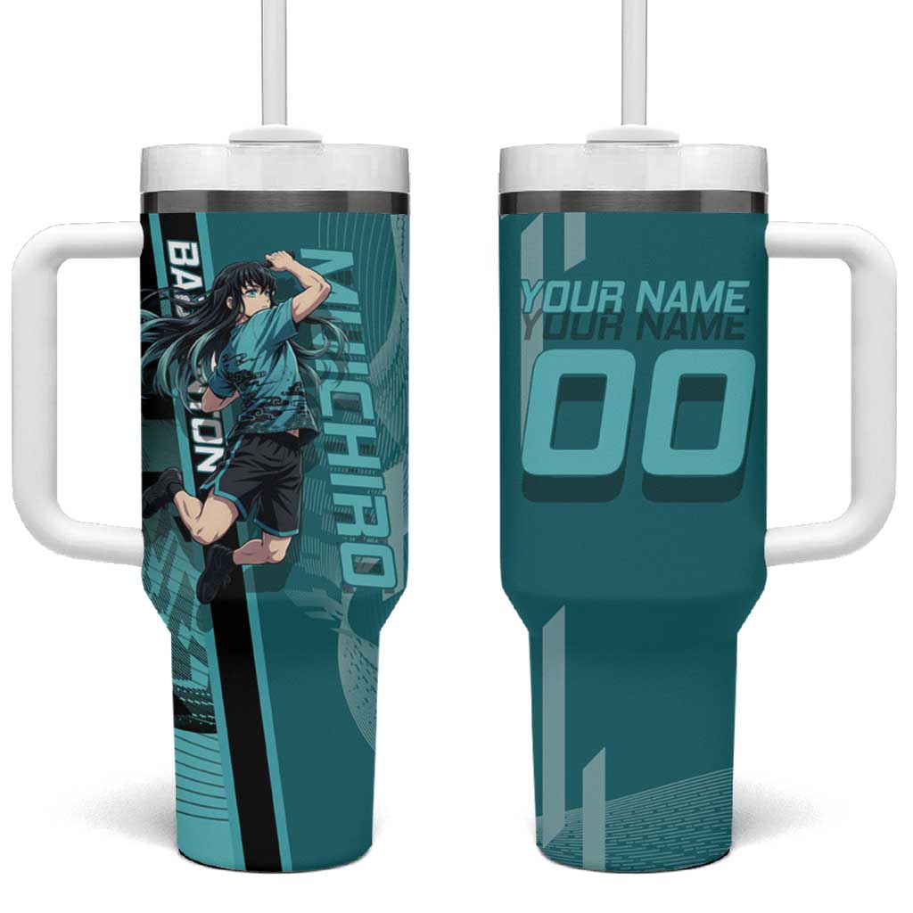 Personalized Tokito Muichiro Demon Slayer Badminton Tumbler With Handle with Racket Action Pose and Teal Black Graphic Design - The Mazicc