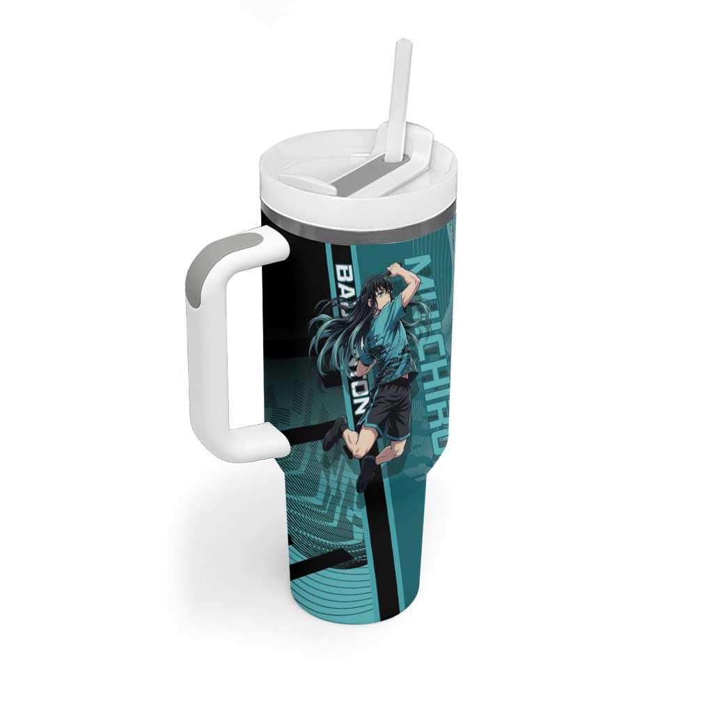 Personalized Tokito Muichiro Demon Slayer Badminton Tumbler With Handle with Racket Action Pose and Teal Black Graphic Design - The Mazicc