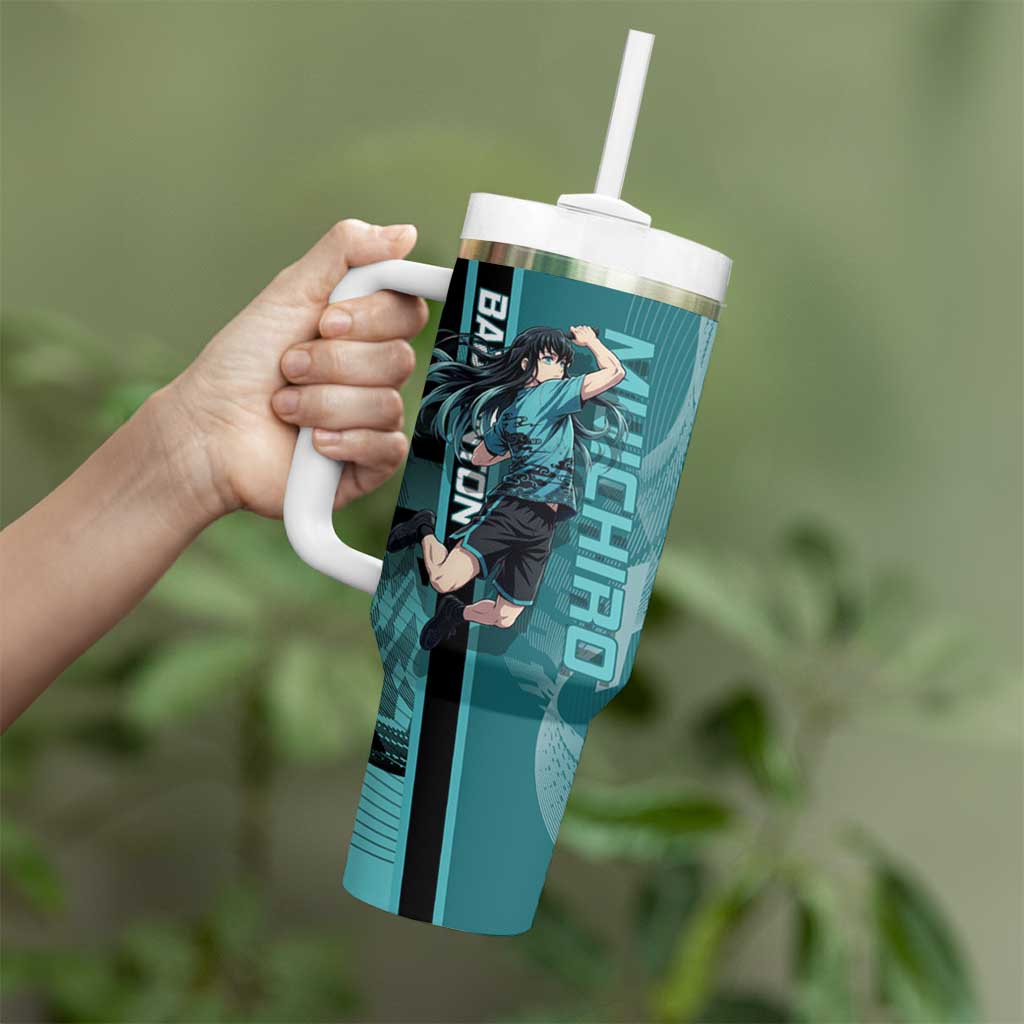 Personalized Tokito Muichiro Demon Slayer Badminton Tumbler With Handle with Racket Action Pose and Teal Black Graphic Design - The Mazicc