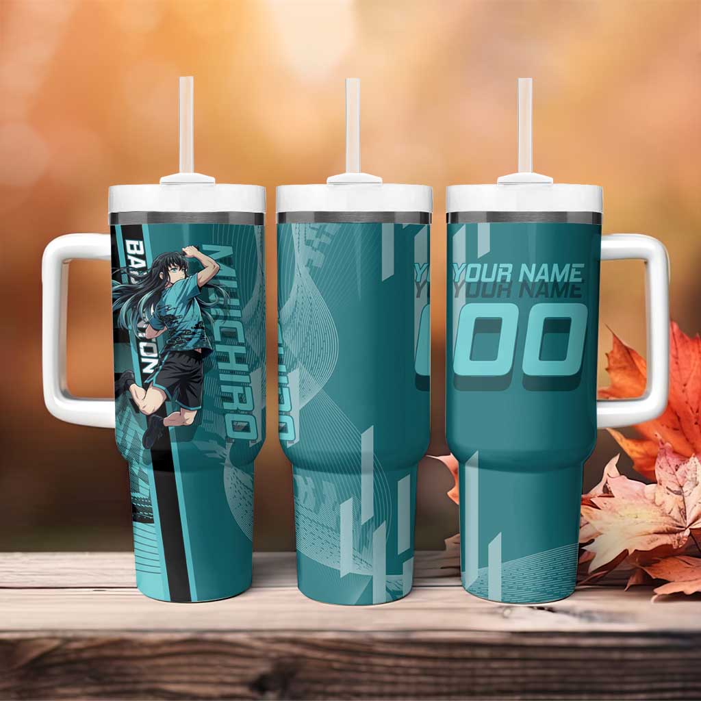 Personalized Tokito Muichiro Demon Slayer Badminton Tumbler With Handle with Racket Action Pose and Teal Black Graphic Design - The Mazicc