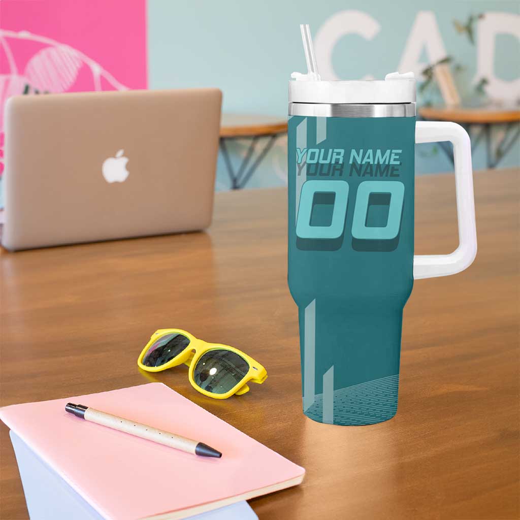 Personalized Tokito Muichiro Demon Slayer Badminton Tumbler With Handle with Racket Action Pose and Teal Black Graphic Design - The Mazicc