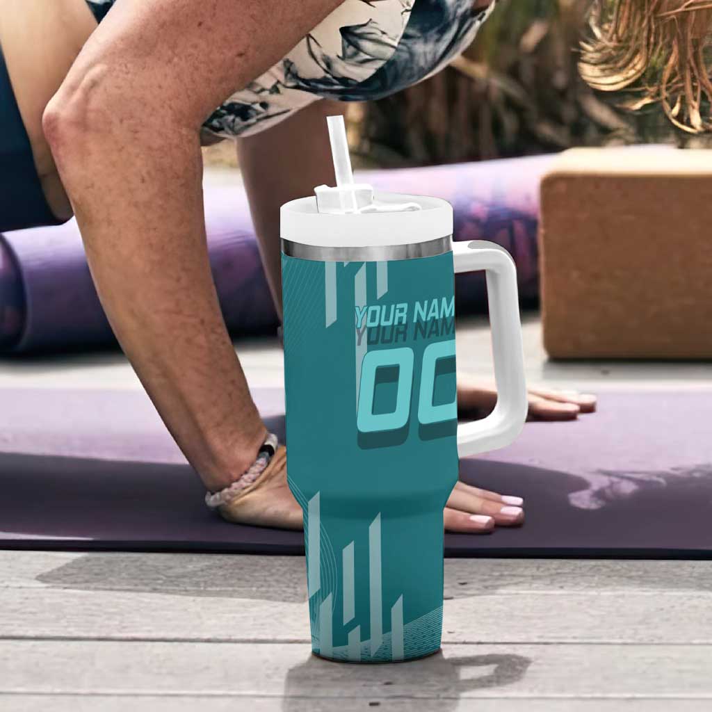 Personalized Tokito Muichiro Demon Slayer Badminton Tumbler With Handle with Racket Action Pose and Teal Black Graphic Design - The Mazicc
