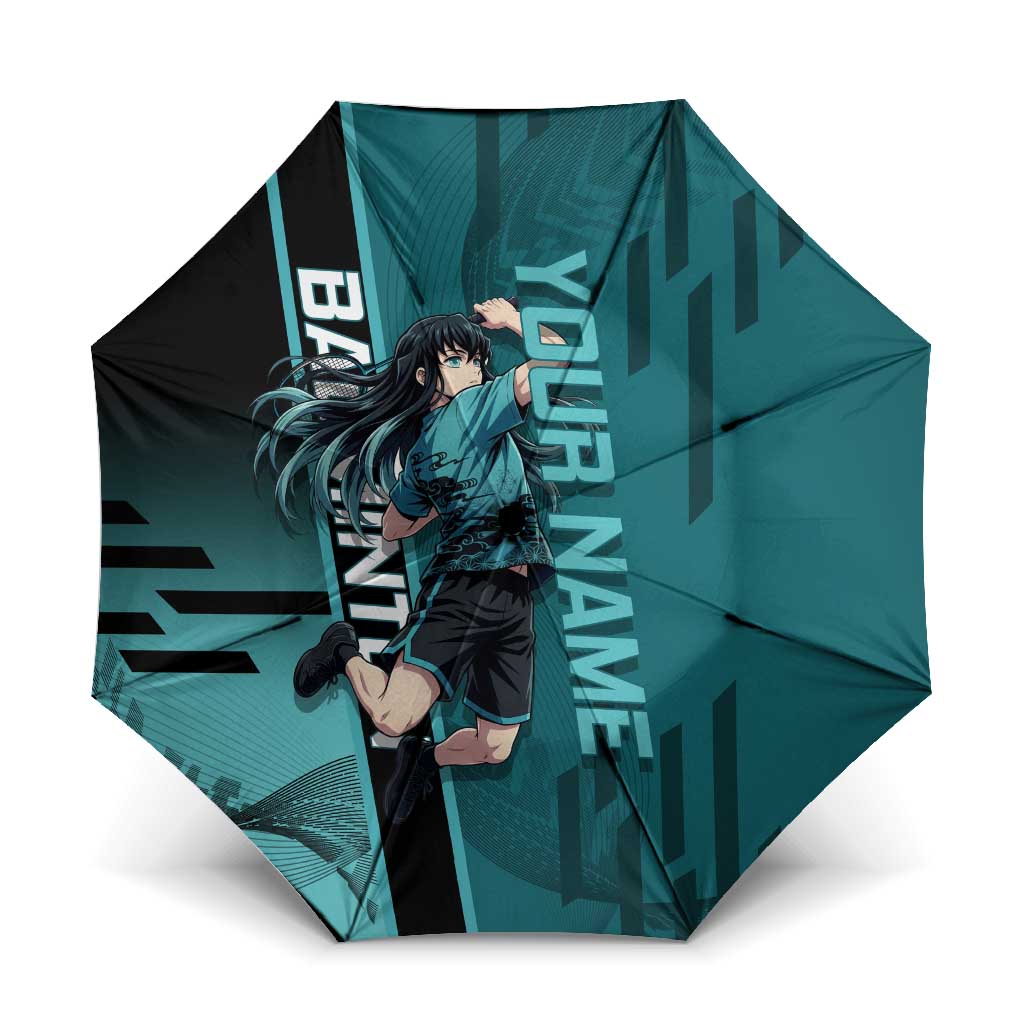 Personalized Tokito Muichiro Demon Slayer Badminton Umbrella with Racket Action Pose and Teal Black Graphic Design - The Mazicc