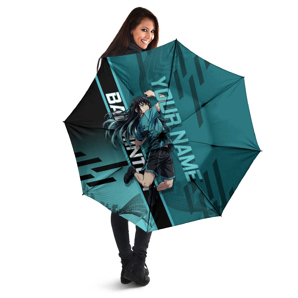 Personalized Tokito Muichiro Demon Slayer Badminton Umbrella with Racket Action Pose and Teal Black Graphic Design - The Mazicc